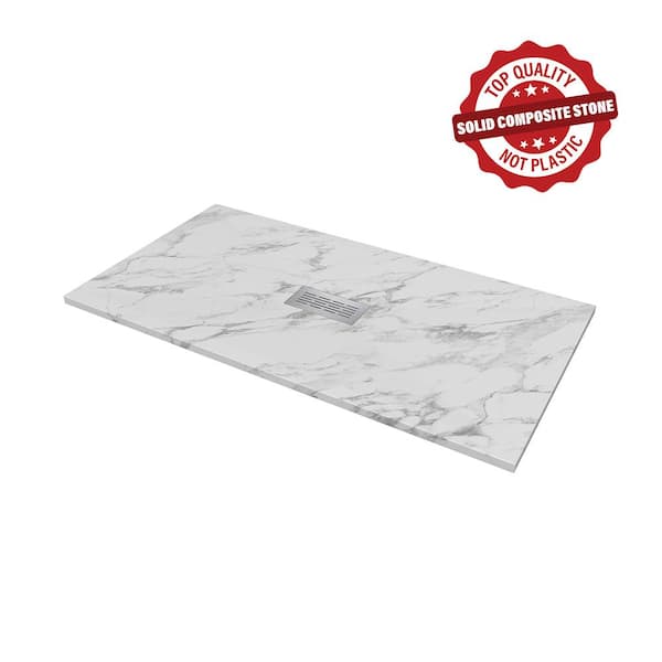 CASTICO 60 in. L x 32 in. W x 1.125 in. H Alcove Solid Composite Stone Shower Pan Base with Center Drain in Carrara Sand