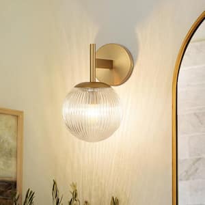 Noble 6.4 in. 1-Light Brushed Gold Vintage Industrial Wall Sconce with Round Clear Globe Ribbed Glass Shade