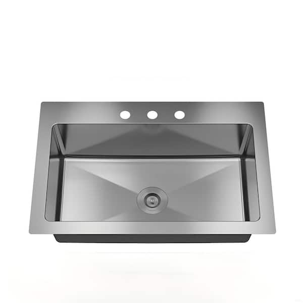 33 in. Drop-In Single Bowl 18-Gauge Brushed Stainless Steel Kitchen Sink with 3-Faucet Hole and 2-Piece Accessory Kit