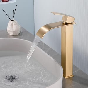 Single Handle Vessel Sink Faucet with Pop-Up Drain, Wide Spout Waterfall Single Hole Bathroom Faucet in Brushed Gold