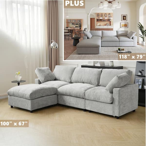101 in. Square Arm Chenille Fabric 4-Piece Modular Free Combination Sectional Sofa with Ottoman in. Gray