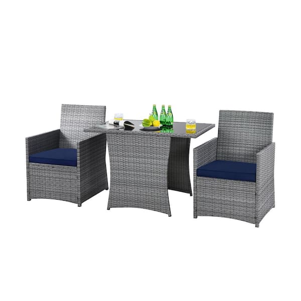 Gymax 3-Piece Outdoor Rattan Conversation Set Patio Dining Table Set with Navy Cushions