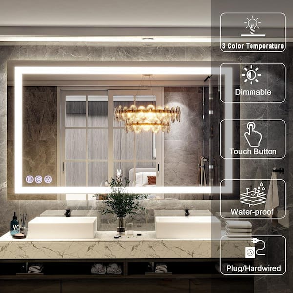 30 in. W x 55 in. H LED Light Anti-Fog Rectangular Modern Frameless White Wall Mirror