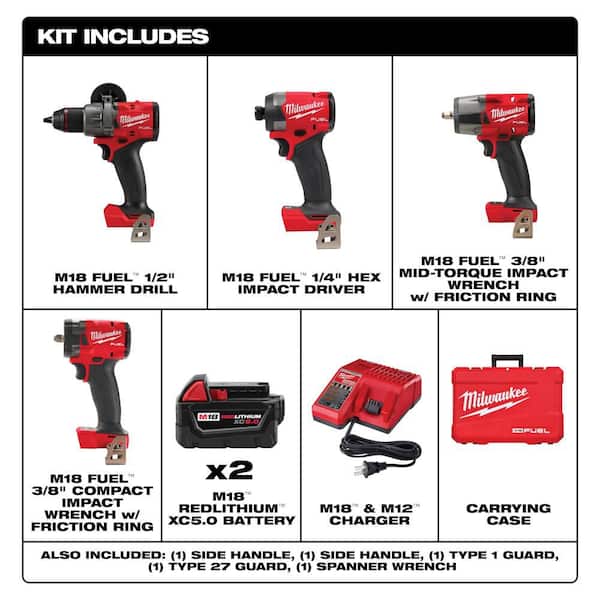 M18 FUEL 18V Lith-Ion Cordless Hammer Drill & Impact Driver Combo Kit (4-Tool) w/ 2 Batteries & 2 M18 Impact Wrenches