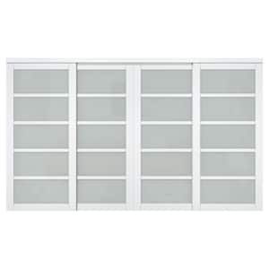 144 in. x 80 in. 5 Lites Frosted Glass White MDF Closet Sliding Door with Hardware Kit