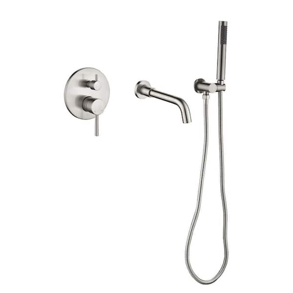 Double-Handle Wall Mounted 1.8 GPM Roman Tub Faucet 360° Rotating Faucet with Hand Shower in Brushed Nickel