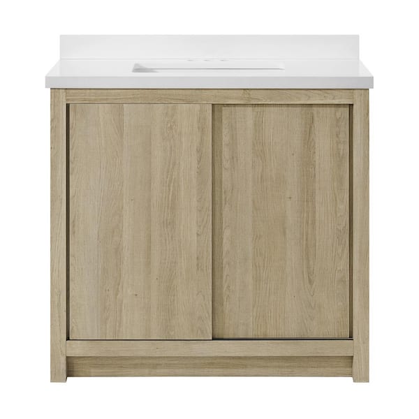 Whitsail 37 in. Single Sink Bath Vanity in Weathered Tan with White Engineered Stone Top (Assembled)