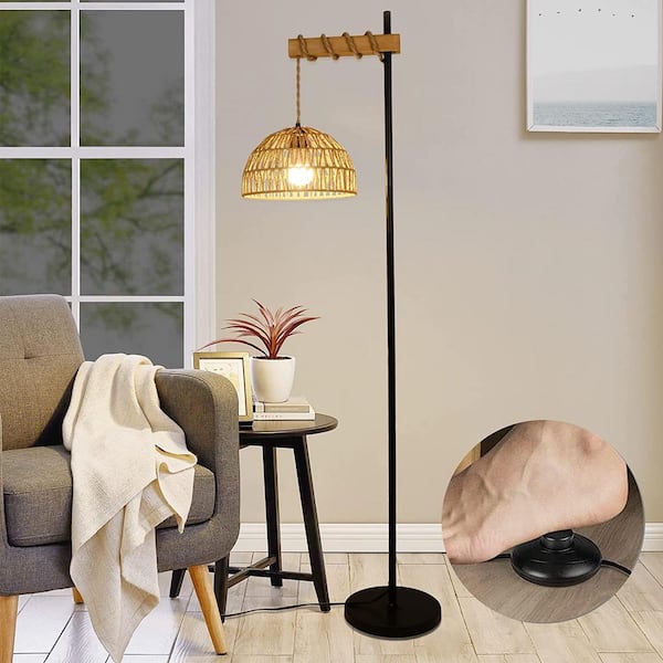 Cipacho 65.01 in. Brown 1-Light Lantern Smart Floor Lamp with Remote Control and App, Tall Standing Lamp with Rattan Lampshade