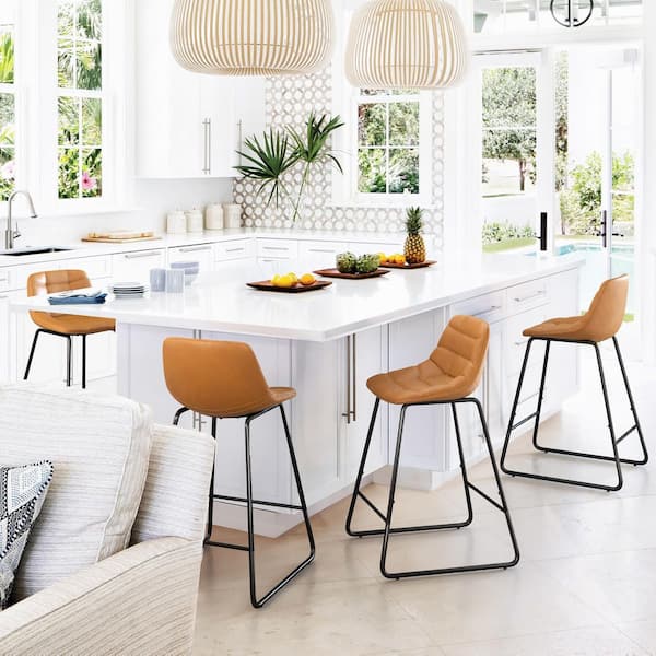 LUE BONA 33.07 in. Whiskey Brown Mid Century Modern Low Back Metal Frame Counter Stool (Set of 4)