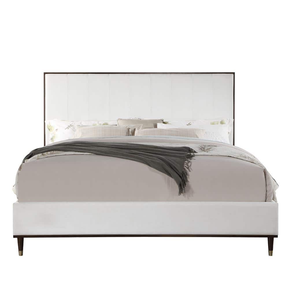 Light Gray and Brown Upholstered Queen Bed with Tufted Headboard and Storage Drawer