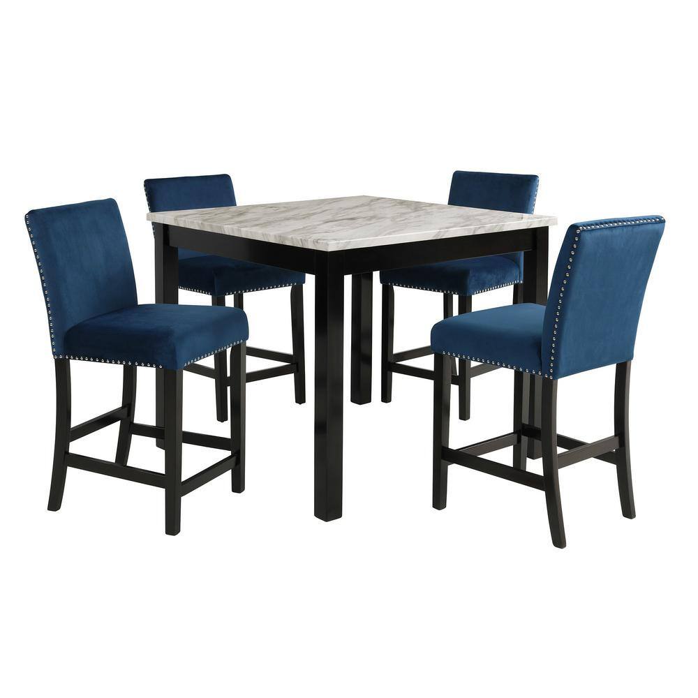 Celeste Blue Velvet and Faux Marble 5-Piece Counter Set
