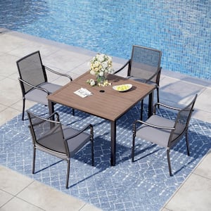 Black 5-Piece Metal Outdoor Dining Set Metal with Wood-Look Square Table and Gourd-Shaped Chairs with Gray Cushions