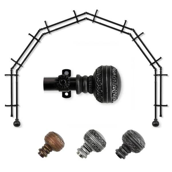 EMOH 13/16" Dia Adjustable 6-Sided Double Bay Window Curtain Rod 28 to 48" (each side) with Hudson Finials in Black