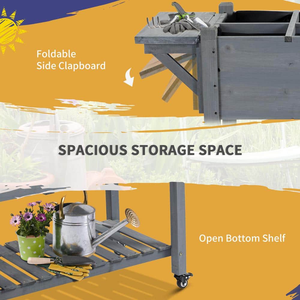 Gray Wooden Raised Garden Bed with Storage Shelf and Wheels
