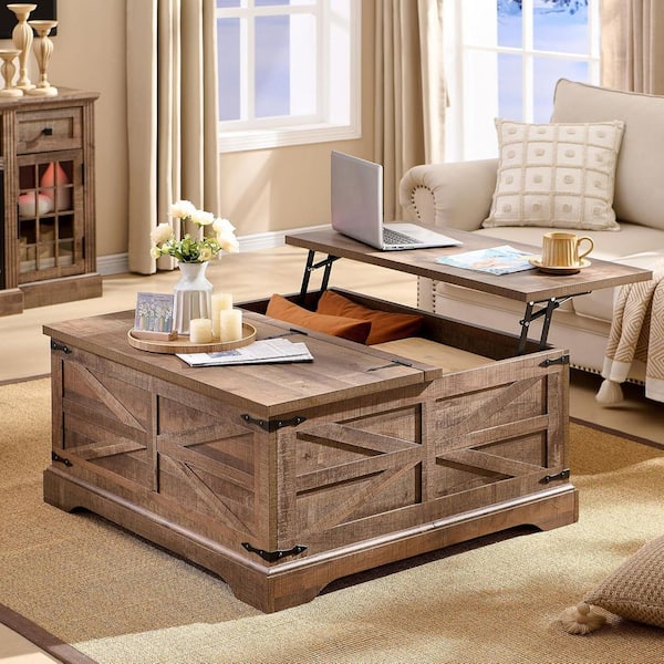 Rustic 36 in. Light Brown Rectangle Wood Lift Top Coffee Table with Hidden Compartment