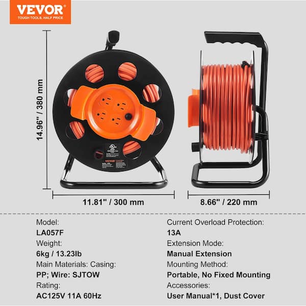 50-ft 14/3 SJTOW Retractable Cord Reel with Heavy Duty 3-Outlet Lighted  Receptacle by Watt's Wire - 13-Amp Reel w/ Mounting Kit (50 Foot 14-Awg Cord  Reel) : : Tools & Home Improvement