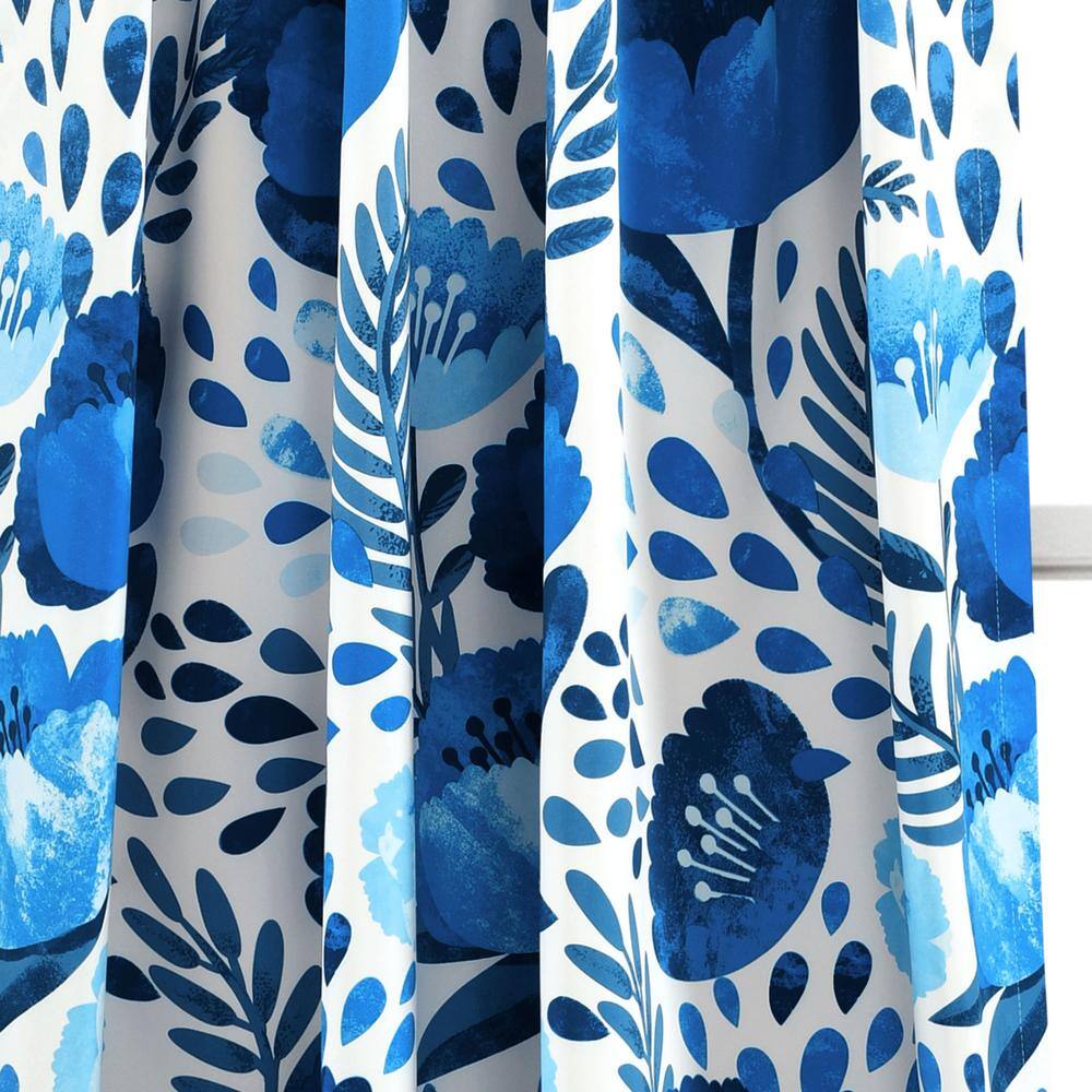 Blue Floral Polyester Room Darkening Curtain Panels