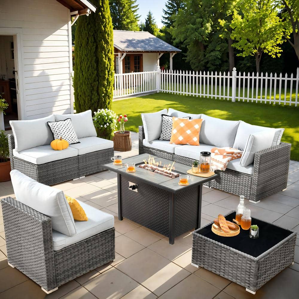 Helene Gray 8-Piece Wicker Outdoor Patio Conversation Sectional Sofa Set with a Metal Fire Pit and Light Grey Cushions price history on PriceWatchPro