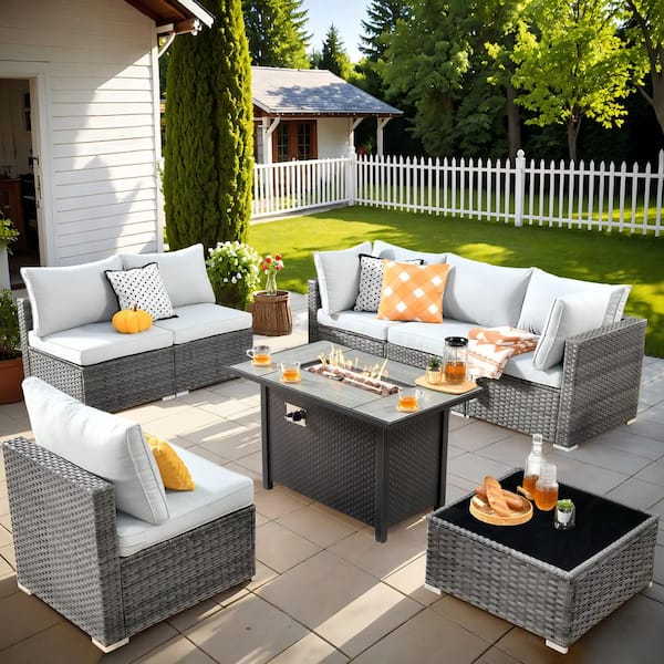 HOOOWOOO Helene Gray 8-Piece Wicker Outdoor Patio Conversation Sectional Sofa Set with a Metal Fire Pit and Light Grey Cushions