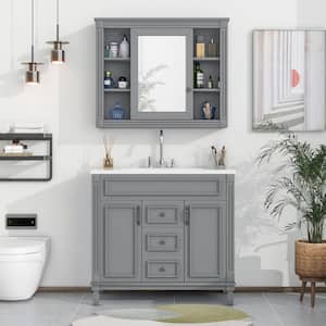 36 in. W x 18 in. D x 34 in. H Single Sink Freestanding Bath Vanity in Gray with White Resin Top and Medicine Cabinet