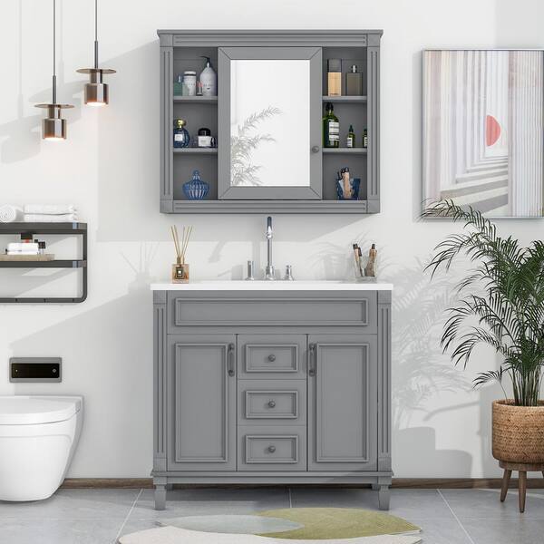 WELLFOR 36 in. W x 18 in. D x 34 in. H Single Sink Freestanding Bath Vanity in Gray with White Resin Top and Medicine Cabinet