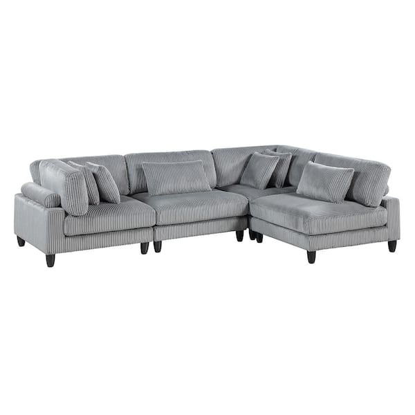 Laurelton 120 in. Pillow Top Arm 4-Piece Corduroy Fabric Modular Sectional Sofa in Gray