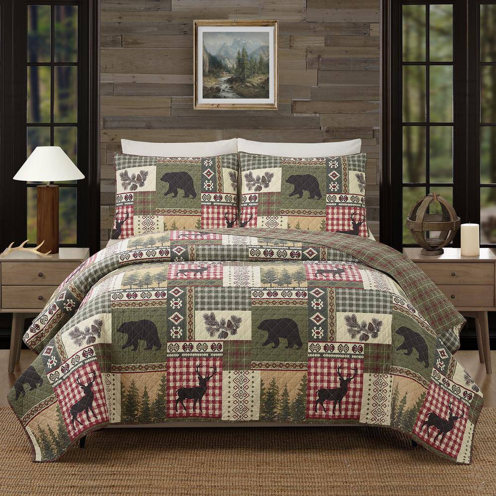 King Size Red and Green Cotton Reversible Quilt Set