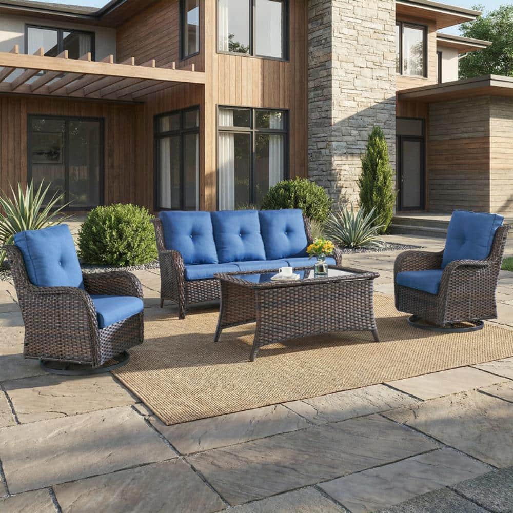 Wellcane 4-Piece Brown Wicker Patio Conversation Set Outdoor Sofa Set with Swivel chair and Olefin Blue Cushions price history on PriceWatchPro
