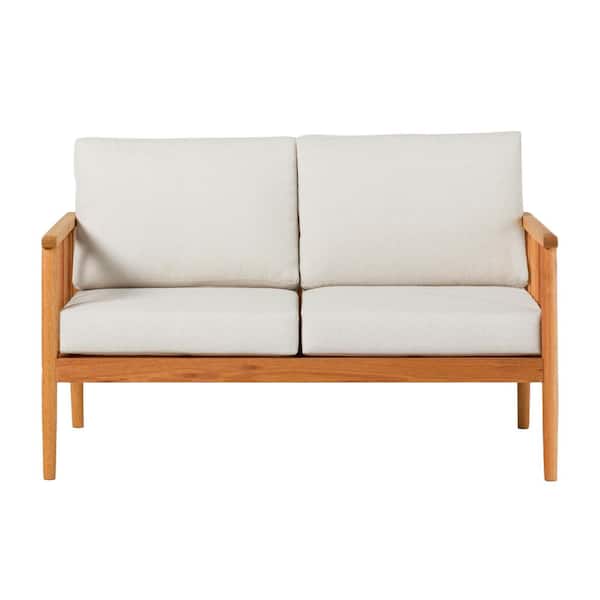 Welwick Designs Natural Eucalyptus Wood Modern Outdoor Spindle Loveseat with Light Pewter Cushions