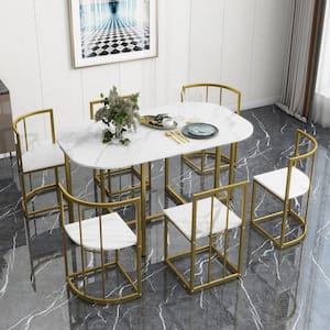 Golden and White Modern 7-Pcs MDF and Faux Marble Top Dining Table Set with 6-Chairs Seats 6