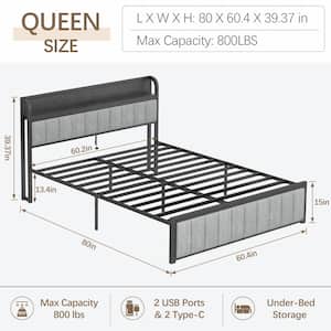Bed Frame, Gray Metal Frame Queen Platform Bed Upholstered Headboard with Storage Charging Station, Sturdy Metal Slats