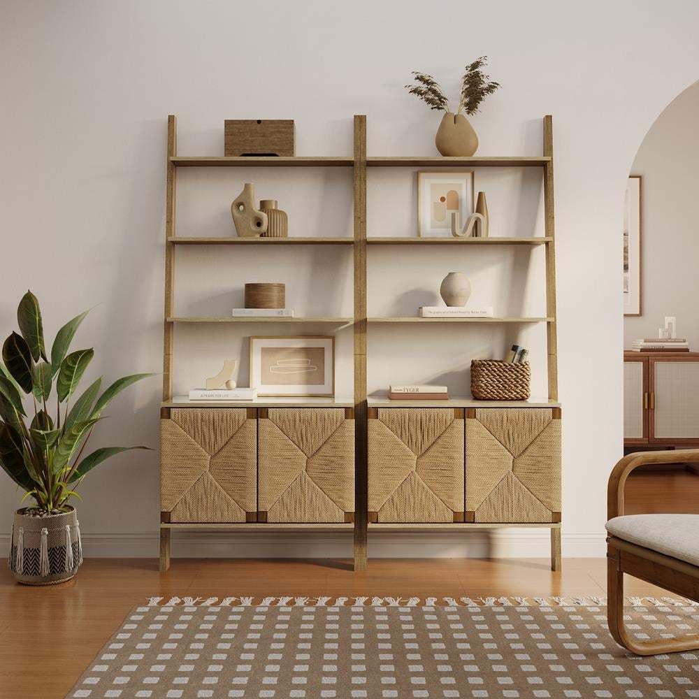 Brown Pine Wood Ladder Bookcase with Woven Rope Doors