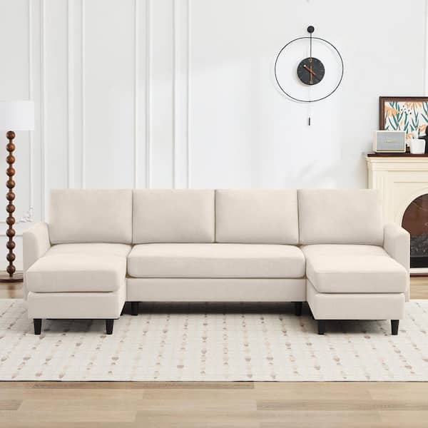 Jearey 107.3 in.Beige Straight Arm Modular U-Shaped Fabric Sectional Sofa ,6 Seater Couch with  Double Ottomans for Living Room