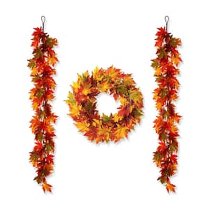24 in. D Fall Lighted Maple Leaves Artificial Christmas Wreath and Lighted Fall Maple Leaves Garland (3-Pack)