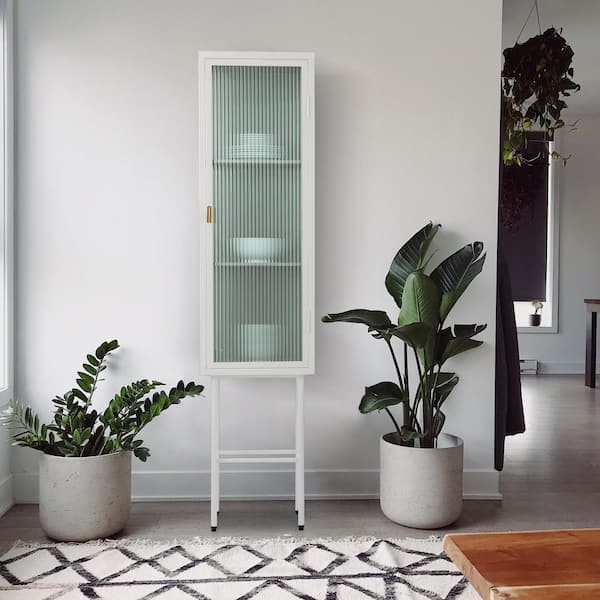 Amucolo 61.5 in. White Freestanding Kitchen Display Cupboard with Glass Door and Detachable Shelves