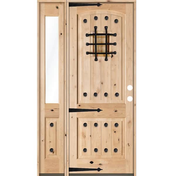 Krosswood Doors 56 in. x 96 in. Mediterranean Knotty Alder Arch Unfinished Left-Hand Inswing Prehung Front Door with Left Half Sidelite