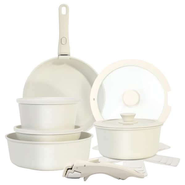 15-Piece Nonstick Cream White Ceramic Cookware Set with Removable Handle, Oven and Dishwasher Safe, Induction Compatible