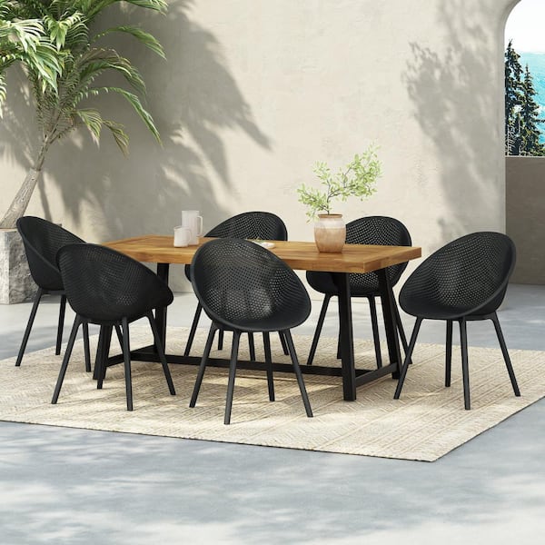 CHRISTOPHER KNIGHT HOME Virella Modern 7-Piece Outdoor Patio Dining Set, Acacia Wood, Polypropylene, Teak + Black