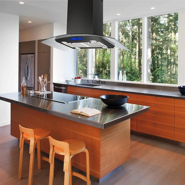 36 in. W 700 CFM Island Mount Tempered Glass with 4 LED Lights and 3 Fan Speed Stainless Steel Range Hood in Black