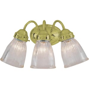 17 in. 3-Light Polished Brass Vanity Light with Clear Ribbed Glass Bell Shades