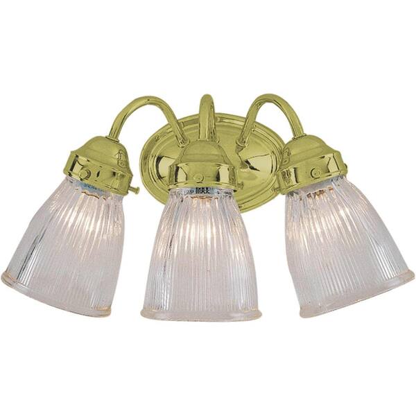 Volume Lighting 17 in. 3-Light Polished Brass Vanity Light with Clear Ribbed Glass Bell Shades