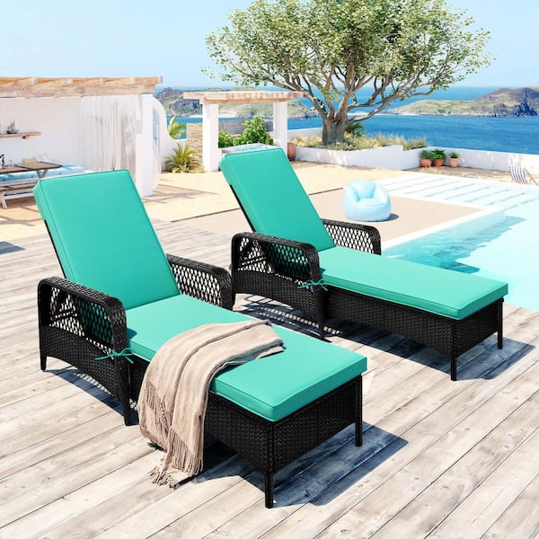 Unbranded 2-Piece Black Wicker Arm Outdoor Lounge Chair With Green Cushions