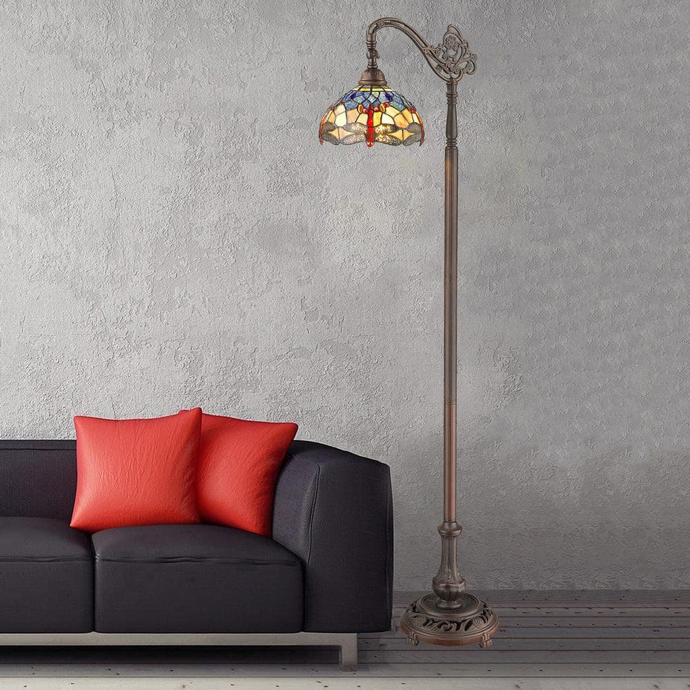 Antique Bronze Adjustable Arc Reading Lamp with Stained Glass Shade