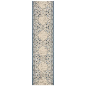 Beach House Blue/Cream 2 ft. x 12 ft. Damask Floral Indoor/Outdoor Patio  Runner Rug