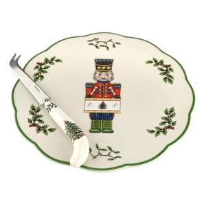 Christmas Tree Nutcracker 9 in. Ceramic Cheese Platter with 8.75 in. Knife (2-Piece Set)