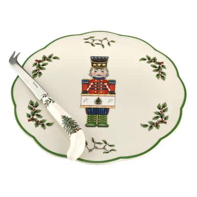 Christmas Tree Nutcracker 9 in. Ceramic Cheese Plate with 8.75 in. Knife (2-Piece Set)
