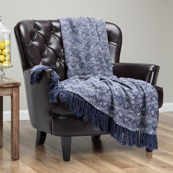 CHANASYA Rustic Indigo Modern Diamond Cotton Throw Blanket with Tassels - 50 in. x 65 in.