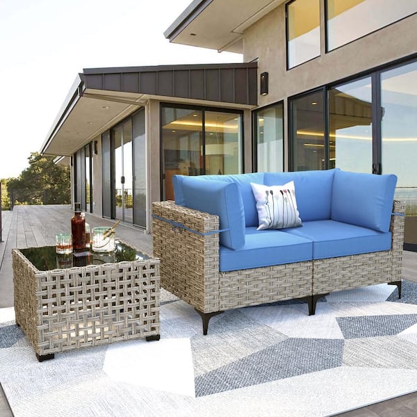 XIZZI Apollo 3-Piece Wicker Outdoor Patio Conversation Seating Set with Blue Cushions