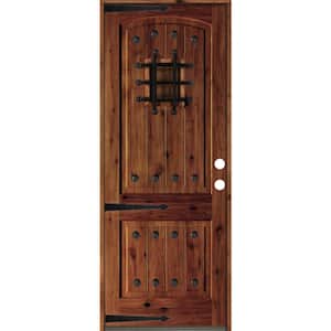 36 in. x 96 in. Mediterranean Knotty Alder Arch Top Red Chestnut Stain Left-Hand Inswing Wood Single Prehung Front Door