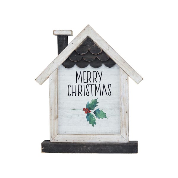 12.375 in. White Wood Merry Christmas House Shaped Tabletop Decor